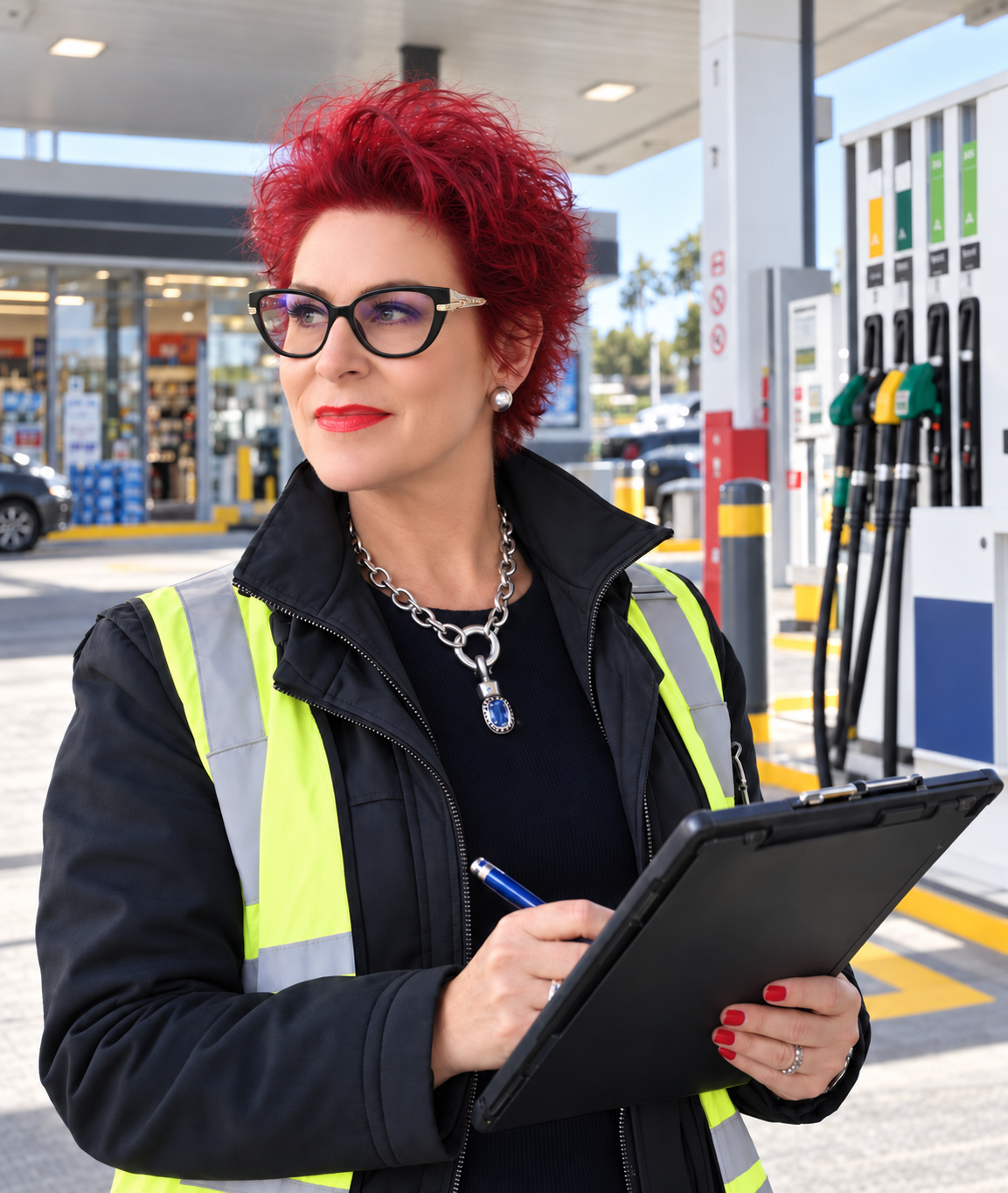 Surveyor holding a tablet at a petrol station