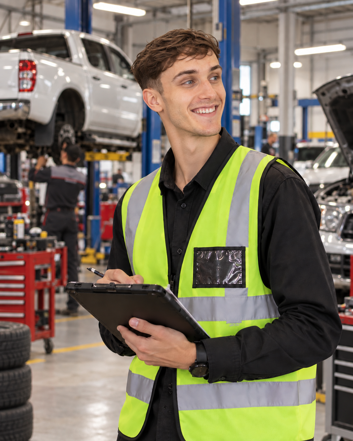 Surveyor holding a tablet in a vehicle workshop